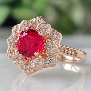 Red Ruby Flower Ring, 925 Sterling Silver Charmed Aroma
